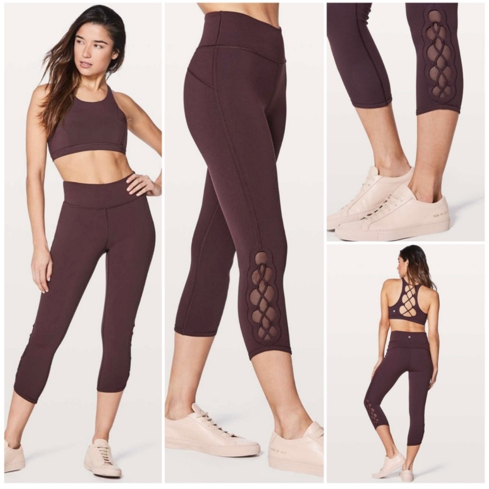 Lululemon Tied To It Crop 21" Black Cherry 10 High Rise Leggings Tights Yoga Gym - Picture 3 of 16